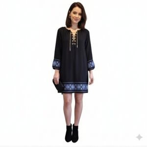 Michael Kors Black Tunic Dress Blue  Embroidery Gold Chain Laceup Detail Size XS